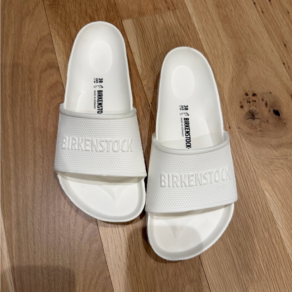Birkenstock White Textured Logo Slide Sandals